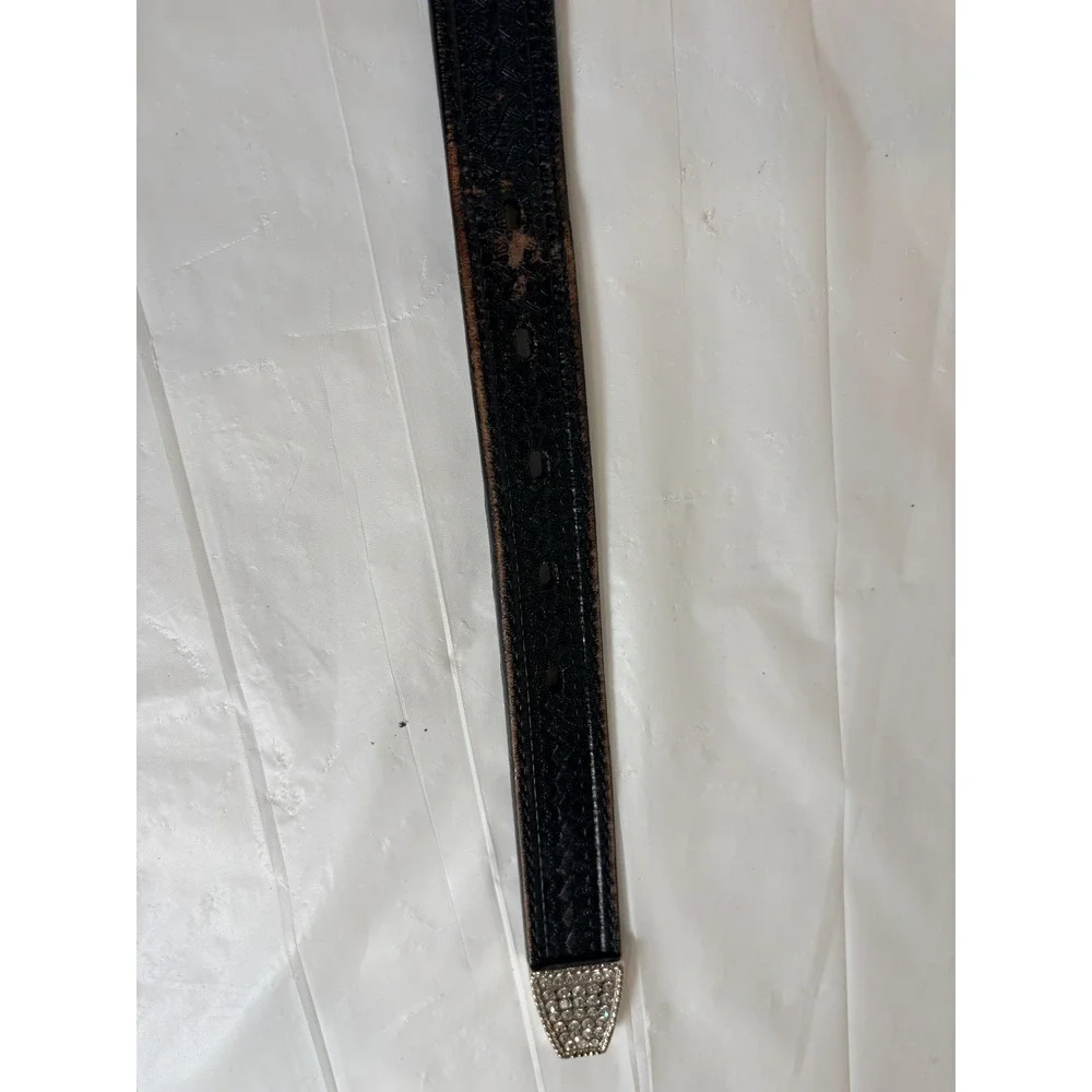 Roper Black Top Grain Leather Belt Size S 35 in Rhinestone Buckle Model #8414790